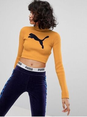 Puma by Rihanna Ribbed Mock Neck Sweater in Bright Orange